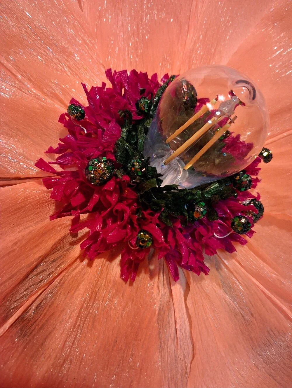 Handcrafted Large Peach Italian Crepe Paper Flower Hanging Lamp, LED